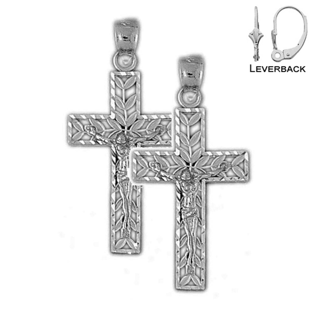 Sterling Silver 34mm Vine Crucifix Earrings (White or Yellow Gold Plated)