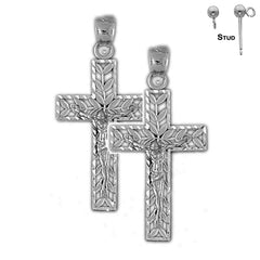 Pendientes de crucifijo de vid de plata de ley de 34 mm (chapados en oro blanco o amarillo)