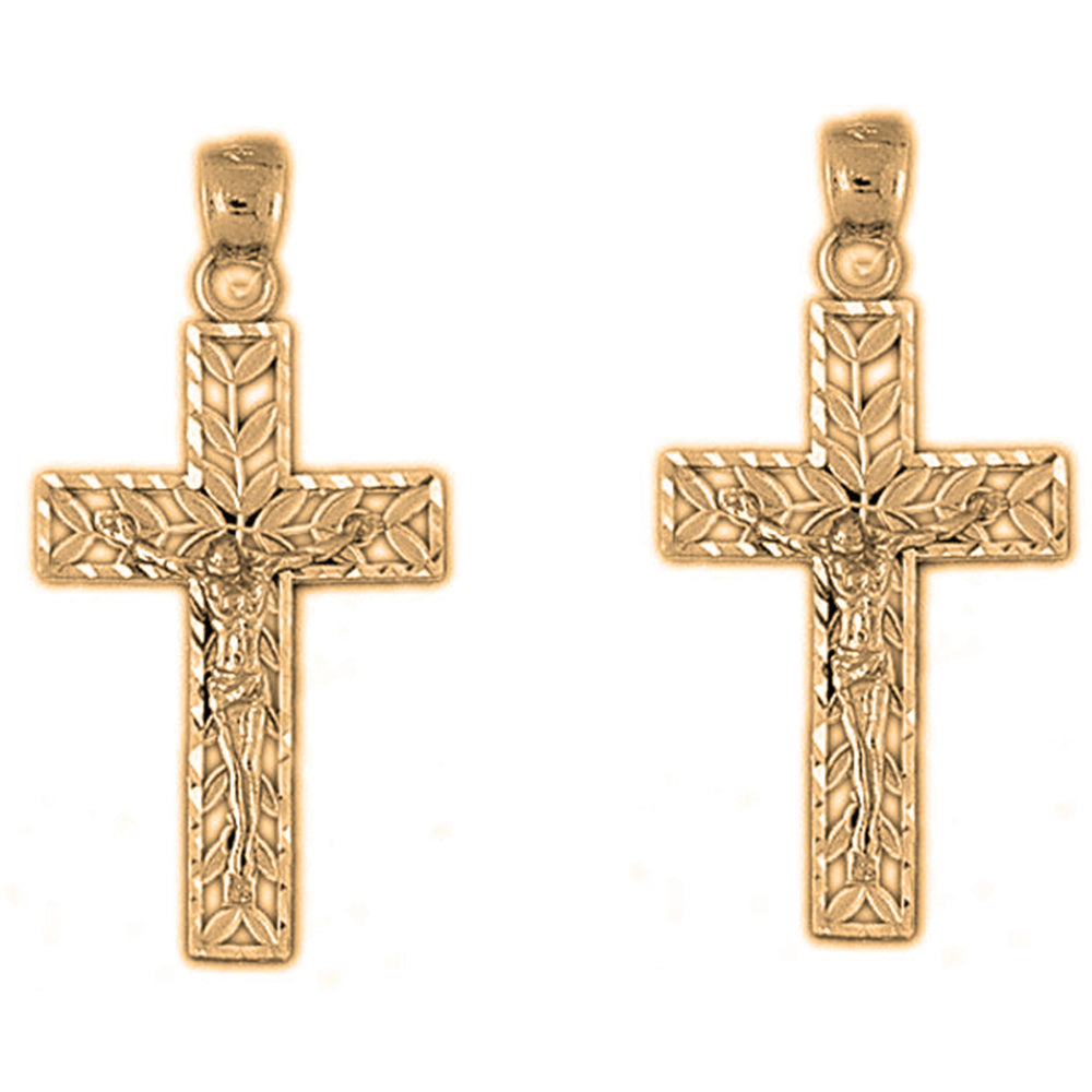 Yellow Gold-plated Silver 34mm Vine Crucifix Earrings