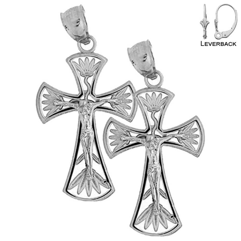 Sterling Silver 31mm Latin Crucifix Earrings (White or Yellow Gold Plated)