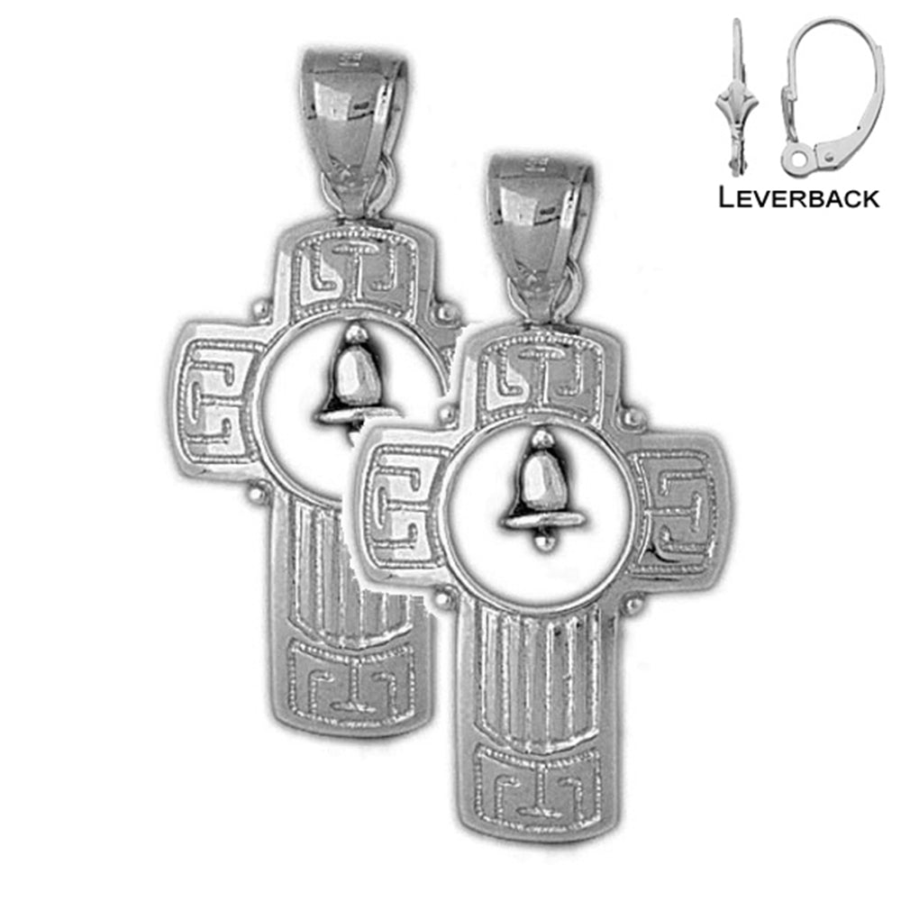 Pendientes de cruz con campana de plata de ley de 36 mm (chapados en oro blanco o amarillo)