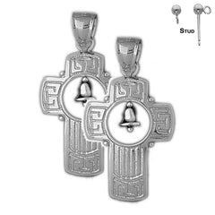 Sterling Silver 36mm Cross With Bell Earrings (White or Yellow Gold Plated)