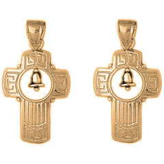 Yellow Gold-plated Silver 36mm Cross With Bell Earrings