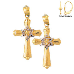 Sterling Silver 29mm Cross With Star of David Earrings (White or Yellow Gold Plated)
