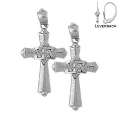 Sterling Silver 29mm Cross With Star of David Earrings (White or Yellow Gold Plated)