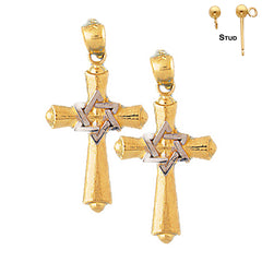 Sterling Silver 29mm Cross With Star of David Earrings (White or Yellow Gold Plated)