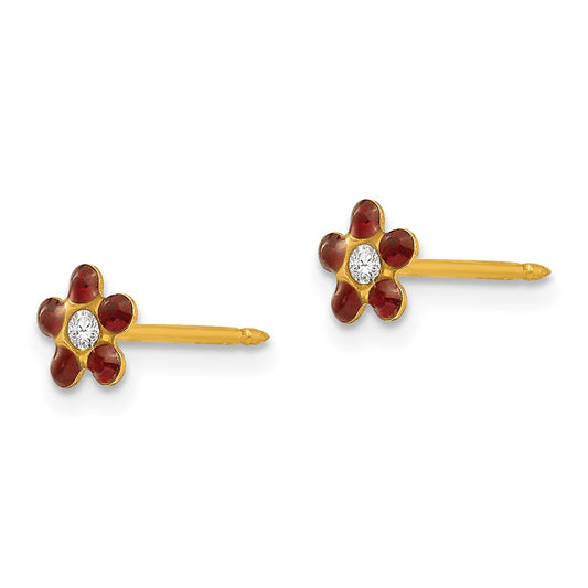 Inverness 14K Yellow Gold January Red Crystal Birthstone Flower Earrings