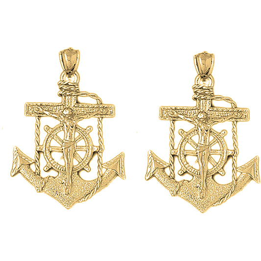 Yellow Gold-plated Silver 40mm Mariners Cross/Crucifix Earrings