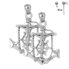 Pendientes de cruz/crucifijo marineros de plata de ley de 32 mm (chapados en oro blanco o amarillo)