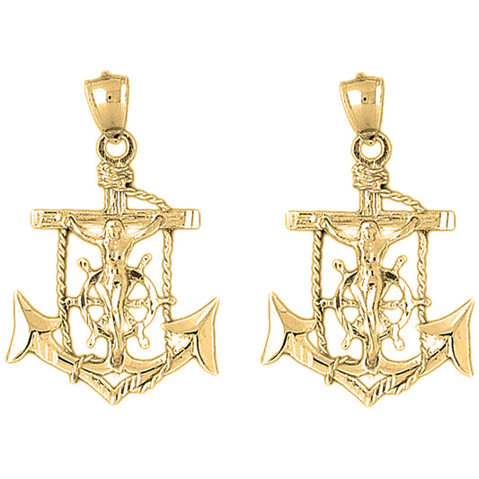 Yellow Gold-plated Silver 40mm Mariners Cross/Crucifix Earrings