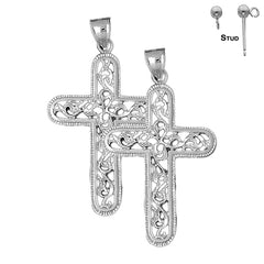 Sterling Silver 55mm Vine Cross Earrings (White or Yellow Gold Plated)