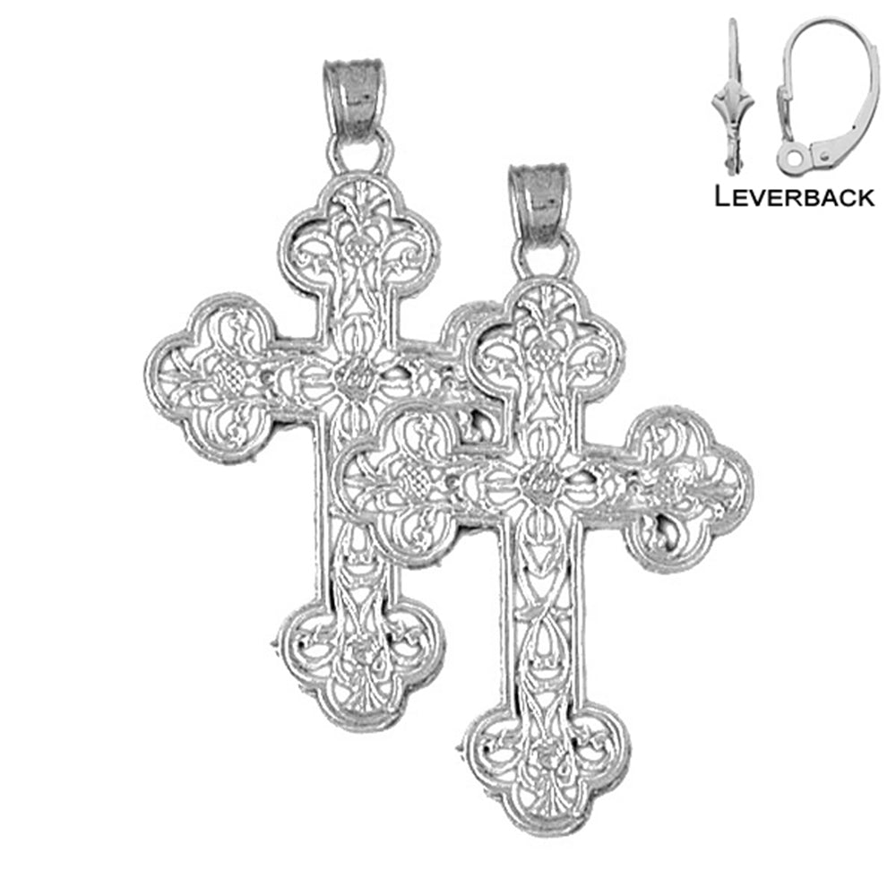 Sterling Silver 38mm Budded Cross Earrings (White or Yellow Gold Plated)