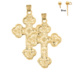 Sterling Silver 38mm Budded Cross Earrings (White or Yellow Gold Plated)