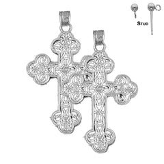 Sterling Silver 38mm Budded Cross Earrings (White or Yellow Gold Plated)