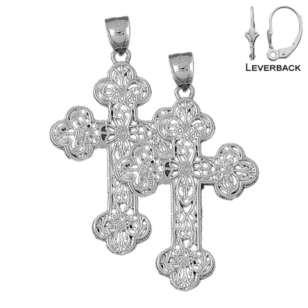 Sterling Silver 52mm Budded Cross Earrings (White or Yellow Gold Plated)