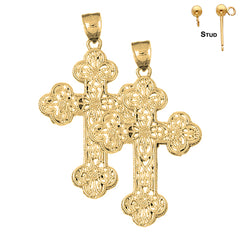 Sterling Silver 52mm Budded Cross Earrings (White or Yellow Gold Plated)