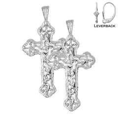 Sterling Silver 56mm Budded Cross Earrings (White or Yellow Gold Plated)