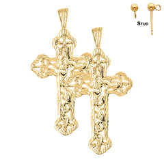 Sterling Silver 56mm Budded Cross Earrings (White or Yellow Gold Plated)