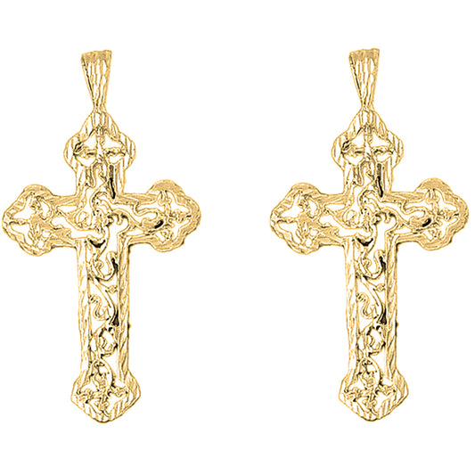 Yellow Gold-plated Silver 56mm Budded Cross Earrings