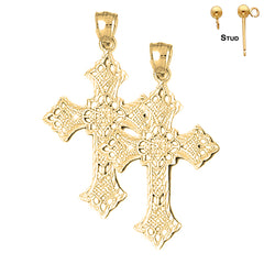 Sterling Silver 49mm Budded Cross Earrings (White or Yellow Gold Plated)