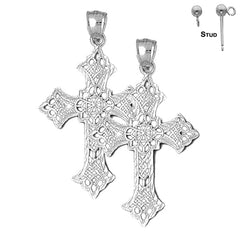 Sterling Silver 49mm Budded Cross Earrings (White or Yellow Gold Plated)