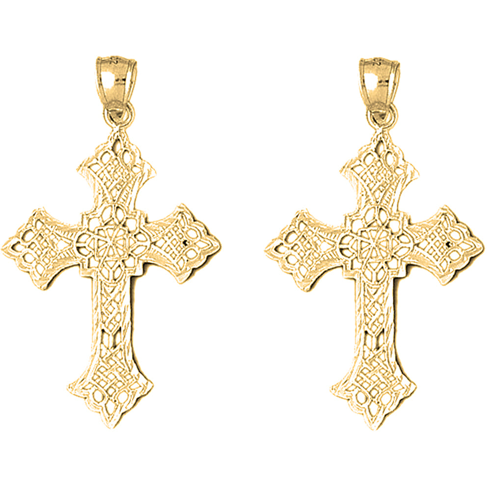 Yellow Gold-plated Silver 49mm Budded Cross Earrings