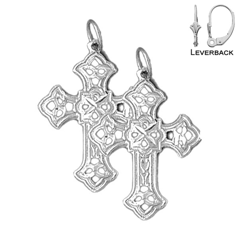 Sterling Silver 29mm Budded Cross Earrings (White or Yellow Gold Plated)