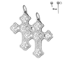 Sterling Silver 29mm Budded Cross Earrings (White or Yellow Gold Plated)