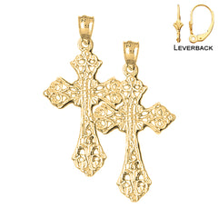 Sterling Silver 37mm Budded Cross Earrings (White or Yellow Gold Plated)