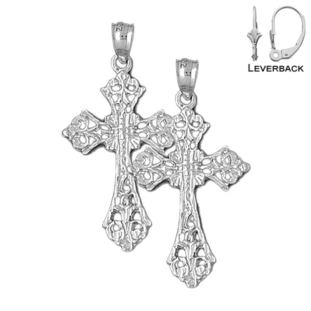 Sterling Silver 37mm Budded Cross Earrings (White or Yellow Gold Plated)