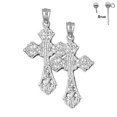 Sterling Silver 37mm Budded Cross Earrings (White or Yellow Gold Plated)