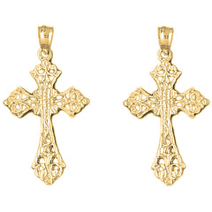 Yellow Gold-plated Silver 37mm Budded Cross Earrings