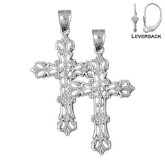 Sterling Silver 43mm Budded Cross Earrings (White or Yellow Gold Plated)
