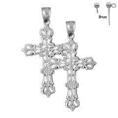 Sterling Silver 43mm Budded Cross Earrings (White or Yellow Gold Plated)