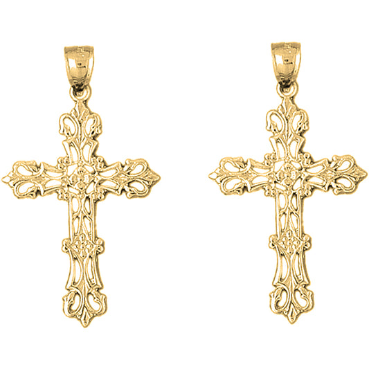 Yellow Gold-plated Silver 43mm Budded Cross Earrings