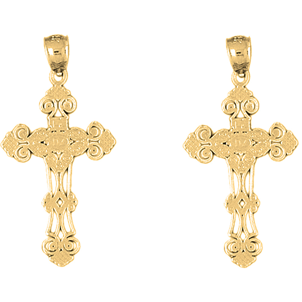 Yellow Gold-plated Silver 35mm Budded Cross Earrings