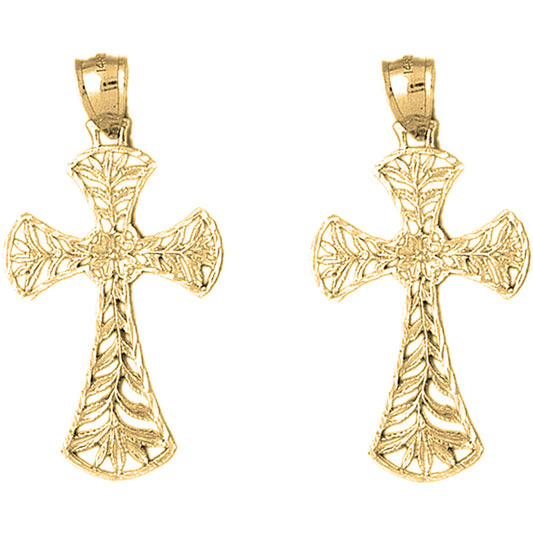 Yellow Gold-plated Silver 43mm Vine Cross Earrings