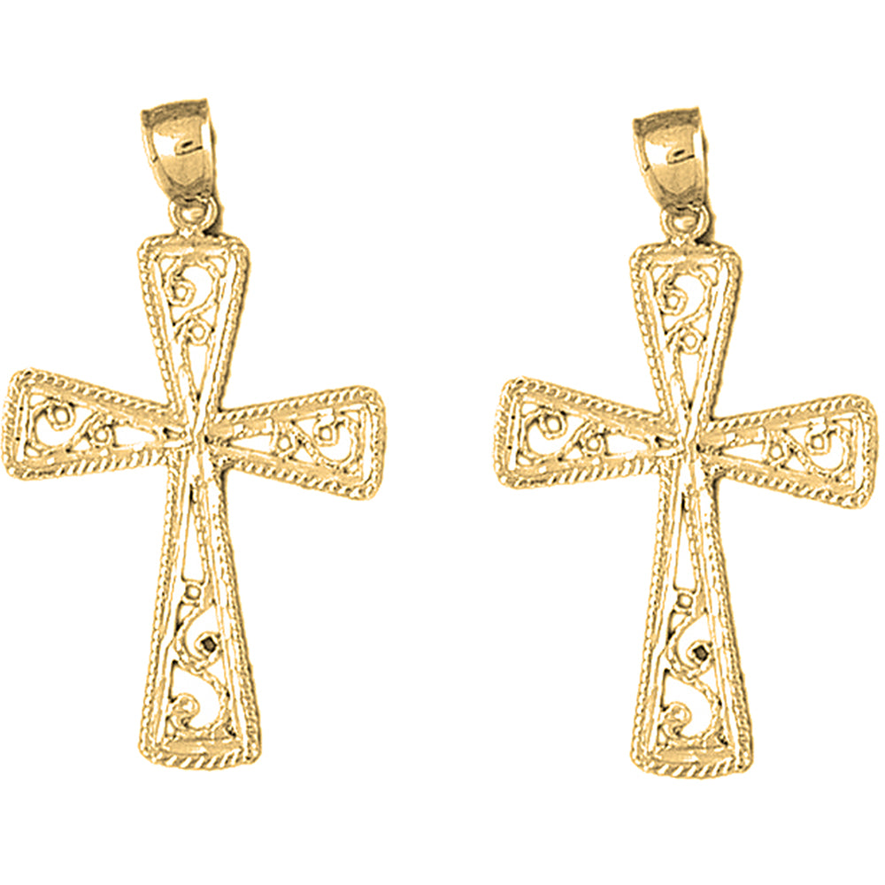 Yellow Gold-plated Silver 43mm Vine Cross Earrings