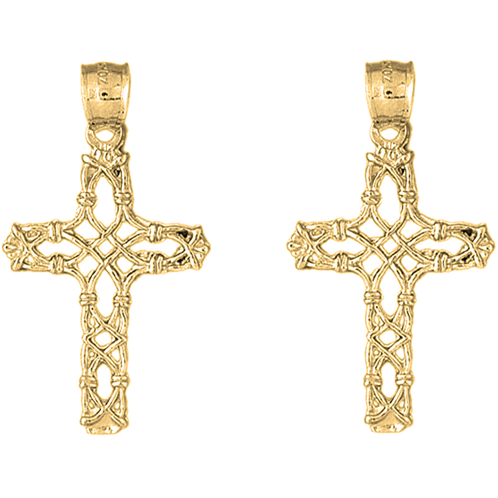 Yellow Gold-plated Silver 40mm Vine Cross Earrings