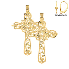 Sterling Silver 50mm Vine Cross Earrings (White or Yellow Gold Plated)
