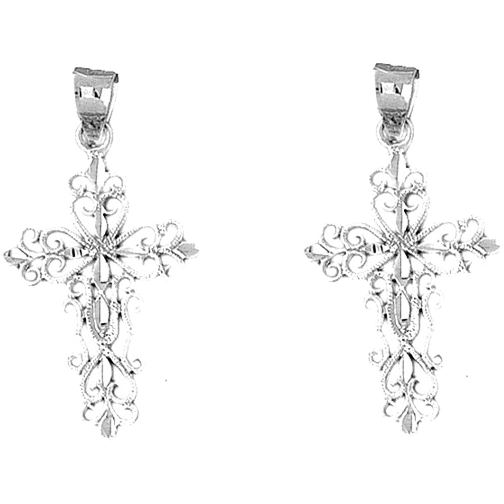 Sterling Silver 38mm Fleur de Lis Cross Earrings