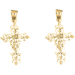 Yellow Gold-plated Silver 38mm Fleur de Lis Cross Earrings