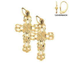Sterling Silver 26mm Floral Cross Earrings (White or Yellow Gold Plated)