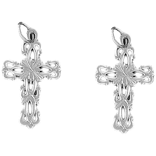 Sterling Silver 26mm Floral Cross Earrings