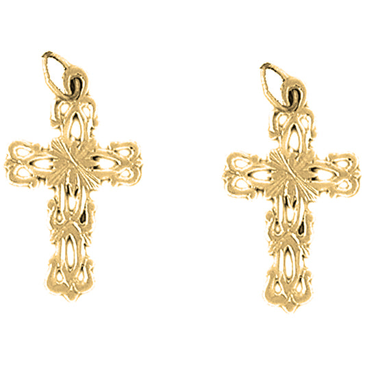 Yellow Gold-plated Silver 26mm Floral Cross Earrings