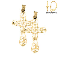 Sterling Silver 36mm Floral Cross Earrings (White or Yellow Gold Plated)