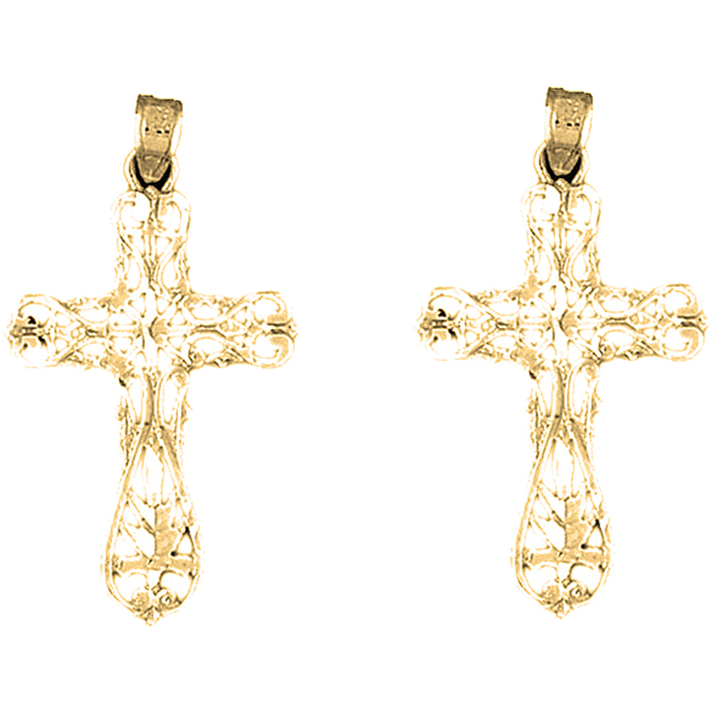 Yellow Gold-plated Silver 36mm Floral Cross Earrings