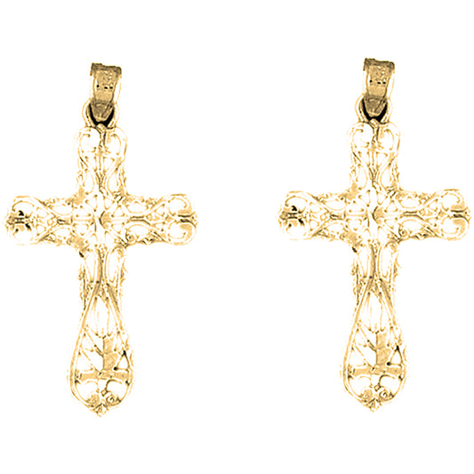 Yellow Gold-plated Silver 36mm Floral Cross Earrings