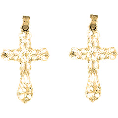 Yellow Gold-plated Silver 36mm Floral Cross Earrings