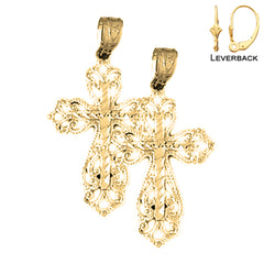 Pendientes de cruz floral de plata de ley de 30 mm (chapados en oro blanco o amarillo)